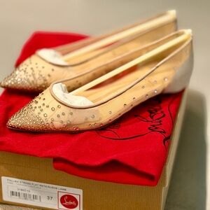 Christian Louboutin Nude Crystal-Embellished Pointed Flats 37 6.5 7 like new